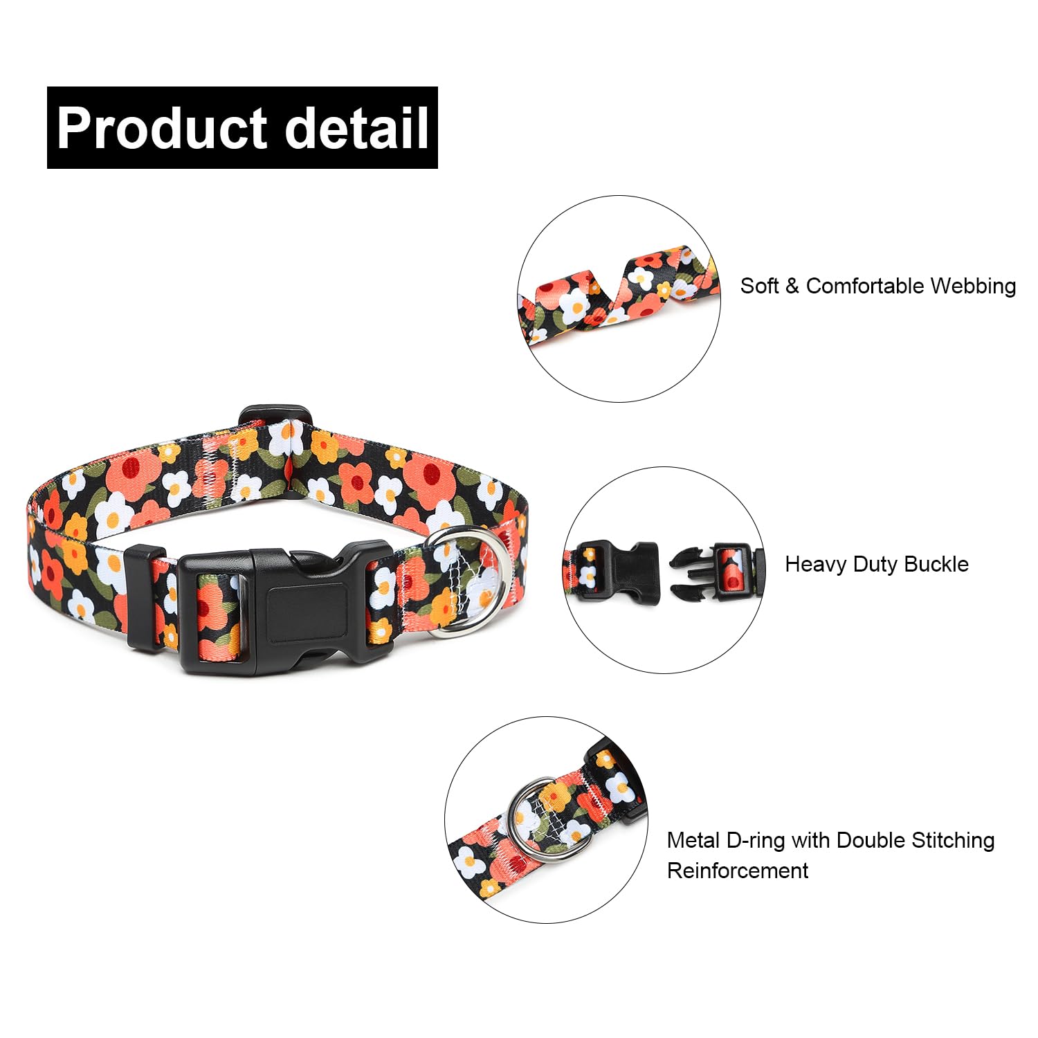 Adjustable Dog Collar with Patterns, Ultra Comfy Soft Nylon Breathable Pet Collar for Small Medium Large Dogs (L, Floral Orange) — view 3