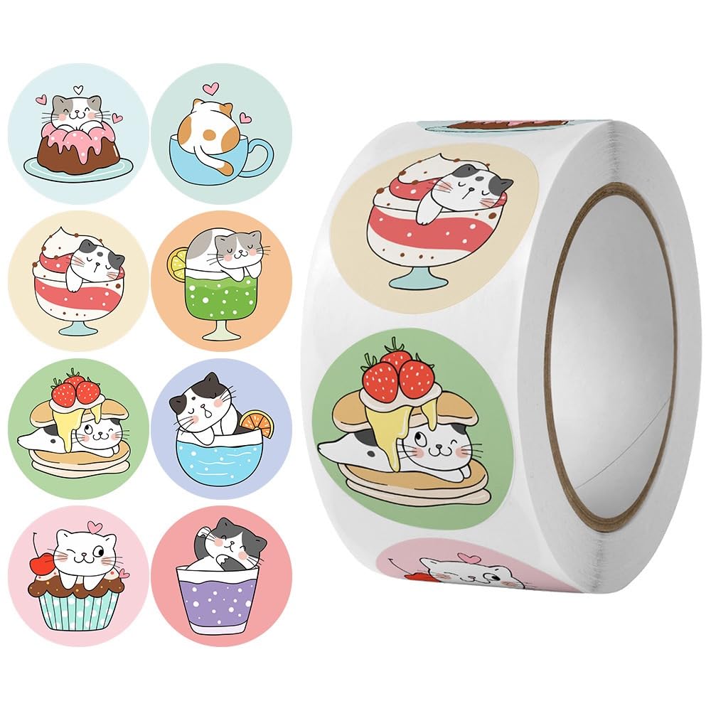 Pegatinas Gato de Dibujos Animados,Etiquetas Adhesivas Rollo Animales 500 Piezas Etiqueta Autoadhesiva de Forma Animal Animales Reward Sticker para Niños Regalo Fiesta Decoración