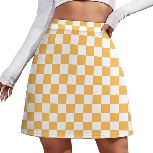 Womens High Waisted A-line Mini Skirt Orange White Squares Checkerboard Pencil B