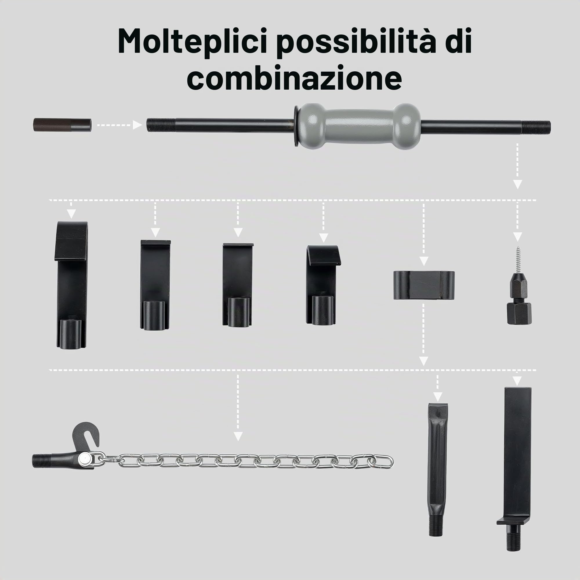 Set universale 11 pezzi per riparazione carrozzeria con martello scorrevole per ammaccature
