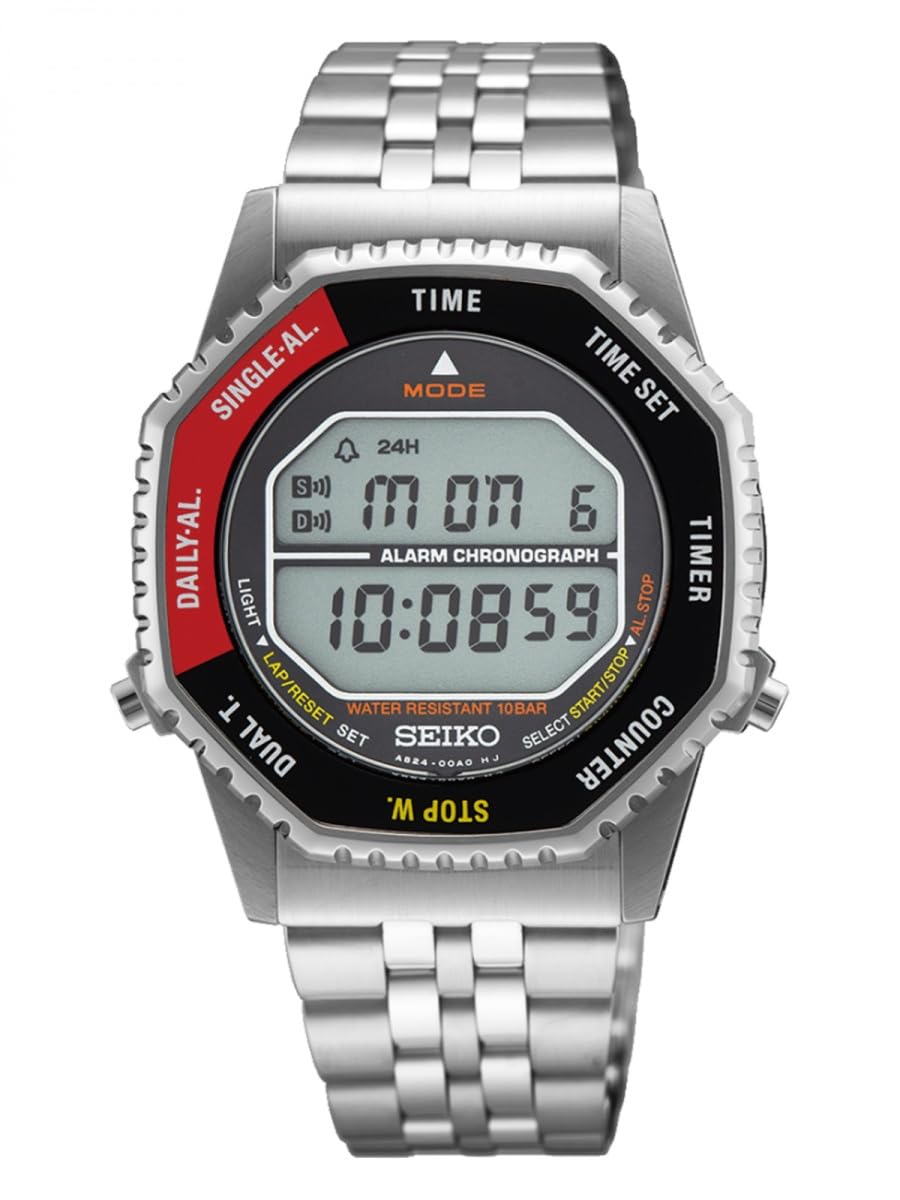 Seiko SMGG19P1 męski zegarek cyfrowy z czarną i czerwoną tarczą i srebrnym paskiem