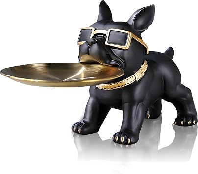 Huhote Bulldog Tray Statue Black,Small Modern French Bulldog Candy Dish Key Holder Bowl, French Bulldog Accessories, Statues for Office Desk Home Decor Figurines Entryway Table Decor Black