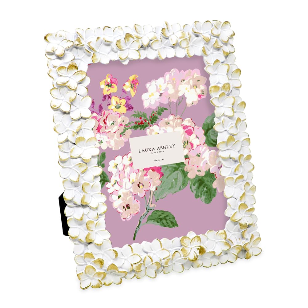 Laura Ashley 5x7 White & Gold Flower Textured Hand-Crafted Resin Picture Frame w/Easel & Hook for Tabletop & Wall Display, Decorative Floral Design Home Décor, Photo Gallery, Art (5x7, White/Gold)