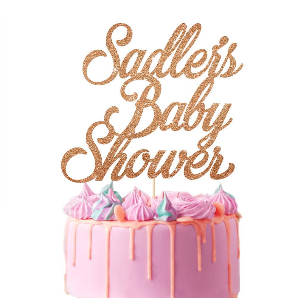 EDSG Personalised Cake Topper for Baby Shower | Cake Decoration Double Sided Glitter Card Text Customized Any Name | Multicolour Party Decoration Hand Finished in UK(Rose Gold)