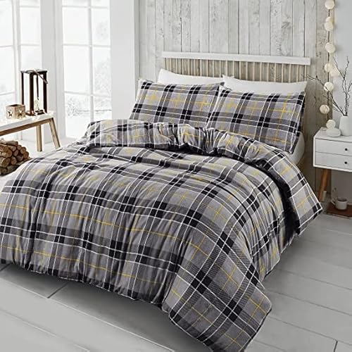 Laam linen Tartan Check Luxurious Flannel Warm Cozy Bedding Set 100% Natural Brushed Cotton Thermal Duvet Cover Sets with Matching Pillowcase cover (Gray, Double)