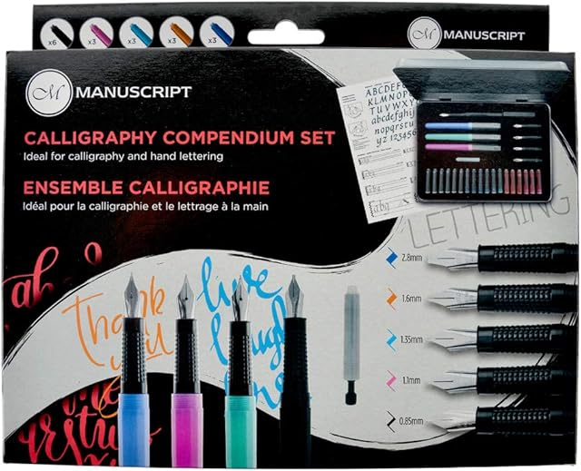 MANUSCRIPT Calligraphy Compendium Set - 29 pieces - 4 Dodec fountain pens, 5 quality nibs, 18 assorted ink cartridges, ink convertor and more - a perfect introduction to calligraphy and lettering!