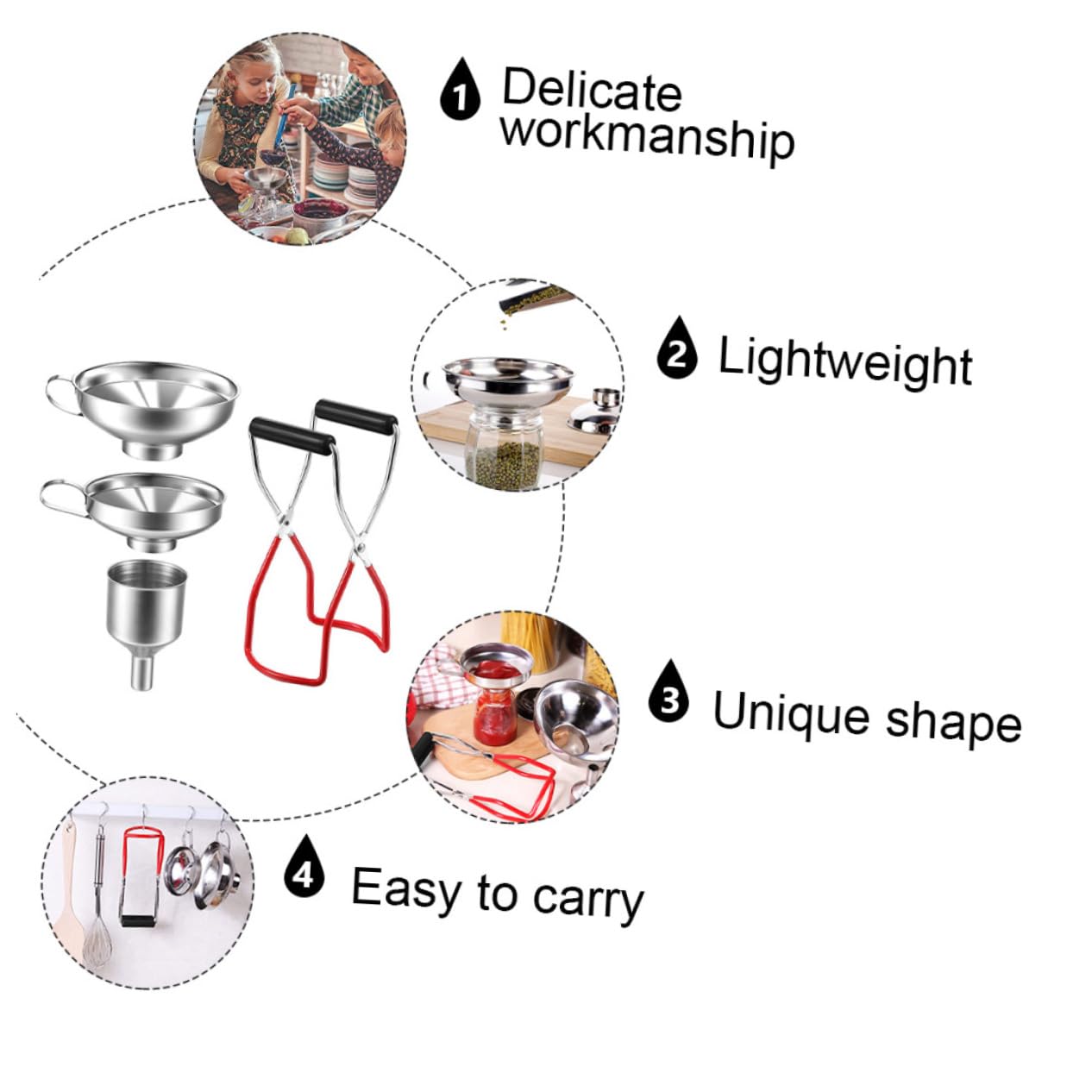 Set di 4 Imbuti da Cucina in Acciaio Inossidabile con Lifter