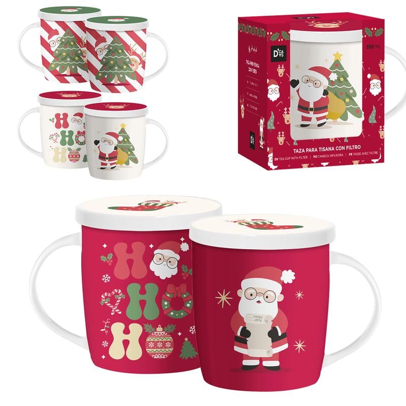 Tisana 350ml con Filtro x3 Modelos Papá Noel Cerámica – Taza para Infusiones, Té, Regalo Navideño, Original 10.5cm