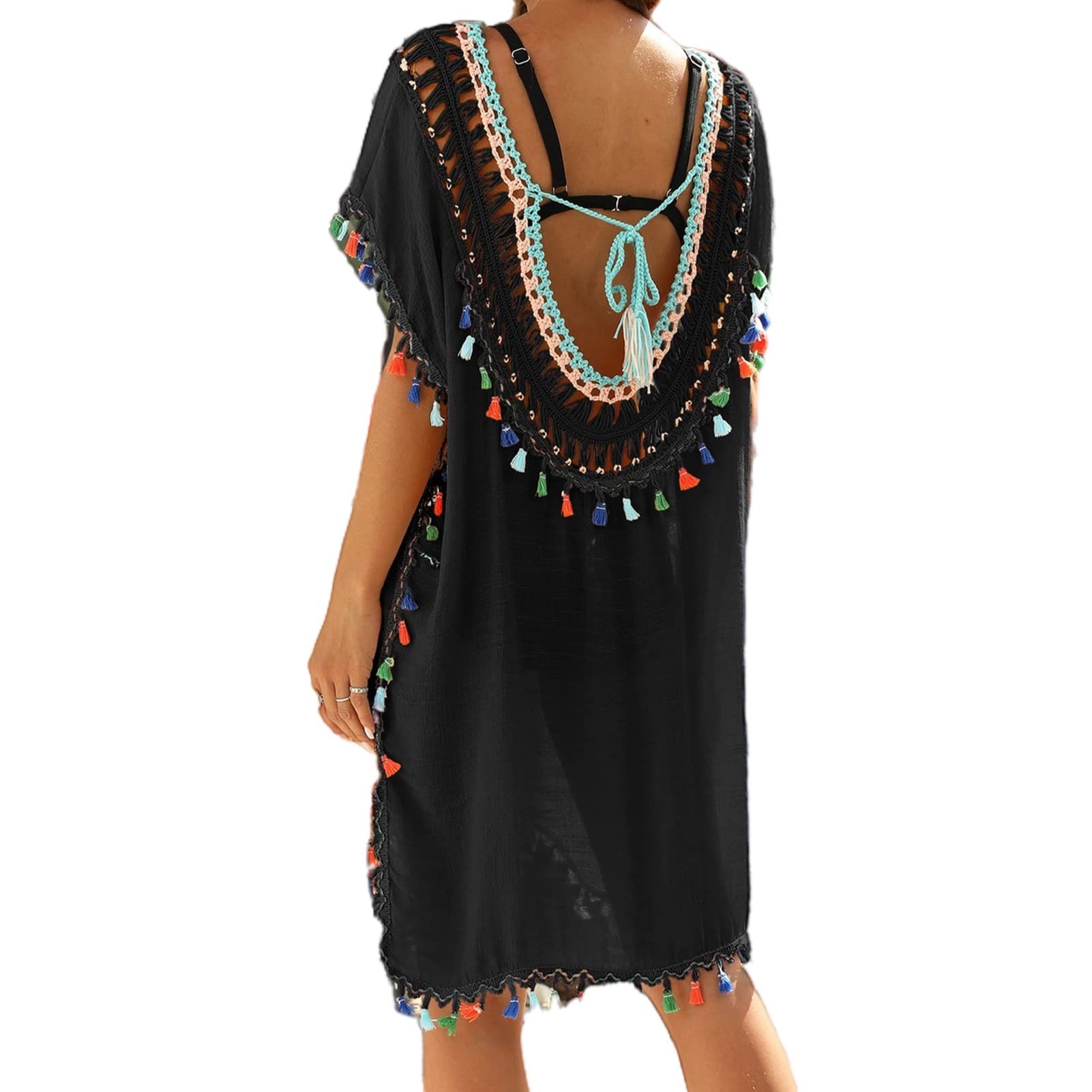 NLAND Vestido de Playa Mujer Algodón Pareos Camisa de Playa con Borlas Ganchillo Holgado Bikini Cover Up