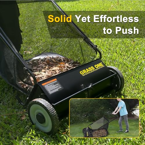 Grass One 26 Inch Push Lawn Sweeper, Leaf and Grass Collector with 7 Cu.Ft Mesh Bag, 4 Spinning PP Brushes, Durable Steel Construction, Adjustable Height & Rubber Tires for Yard Cleanup - Image 8