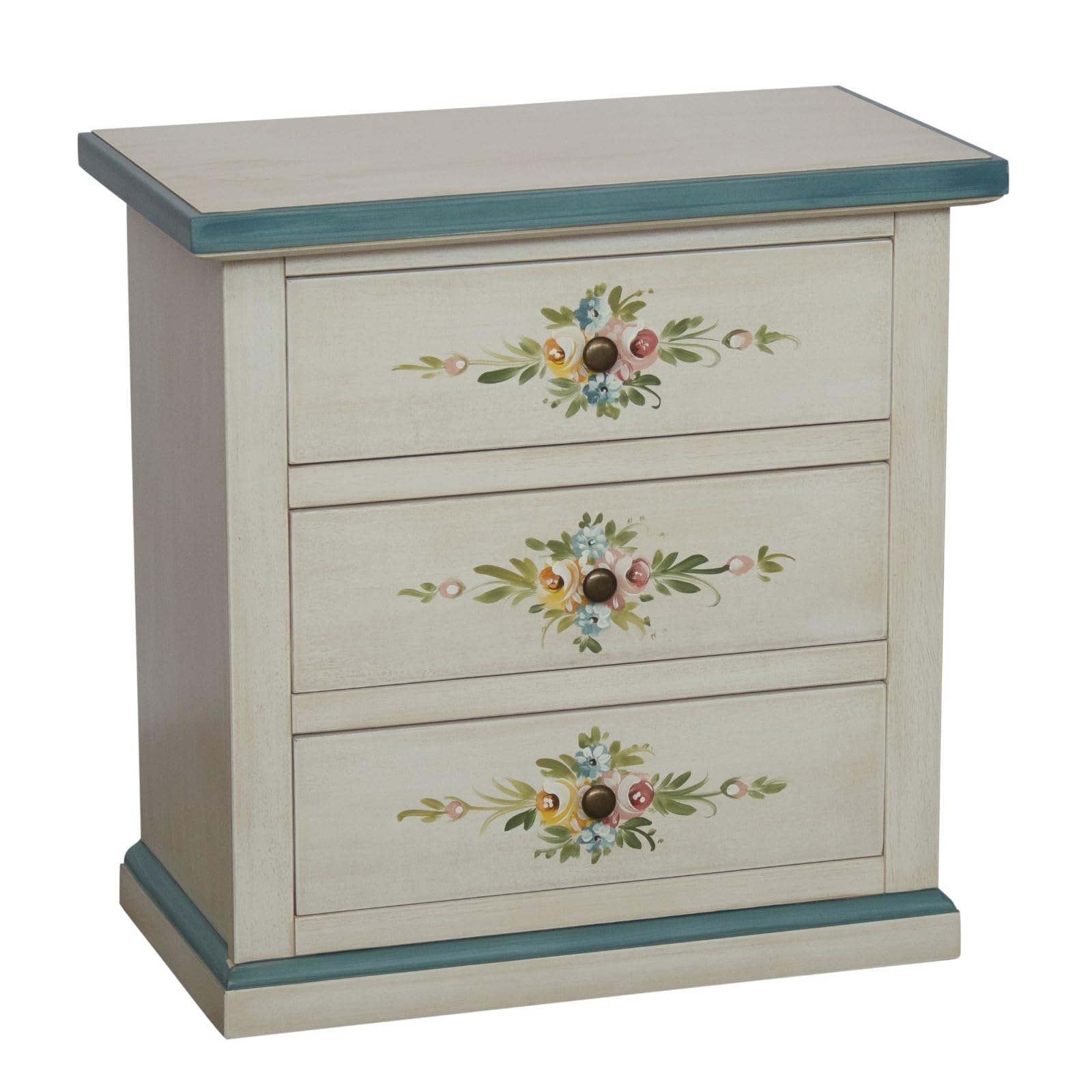 Vicentini arreda 2 COMODINI IN LEGNO SHABBY CHIC BIANCO ANTICATO DECORATO CON FIORE FILO BLU