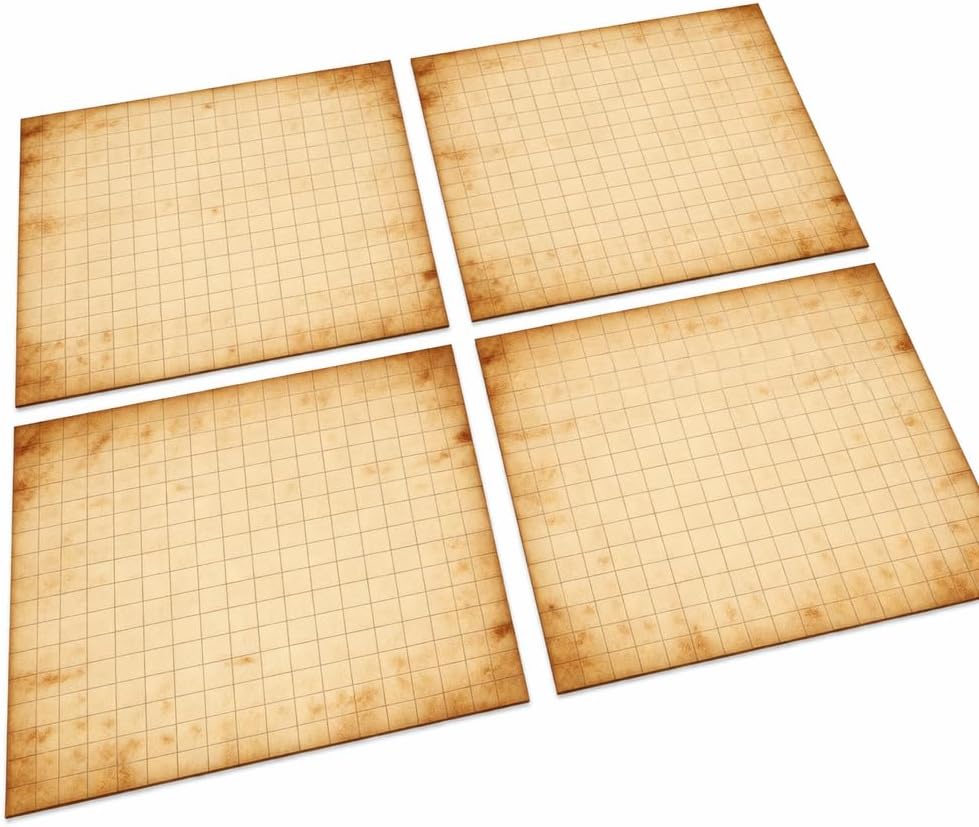 TIDYBOSS Battle Boards Doublesided 1" Grid Map Parchment and Grassland for TTRPG Games w/ 47 Terrain Stickers, DND Accessories Starter Kit - 4 Pack (17x13 Inches Per Board Makes 34x26 Board)