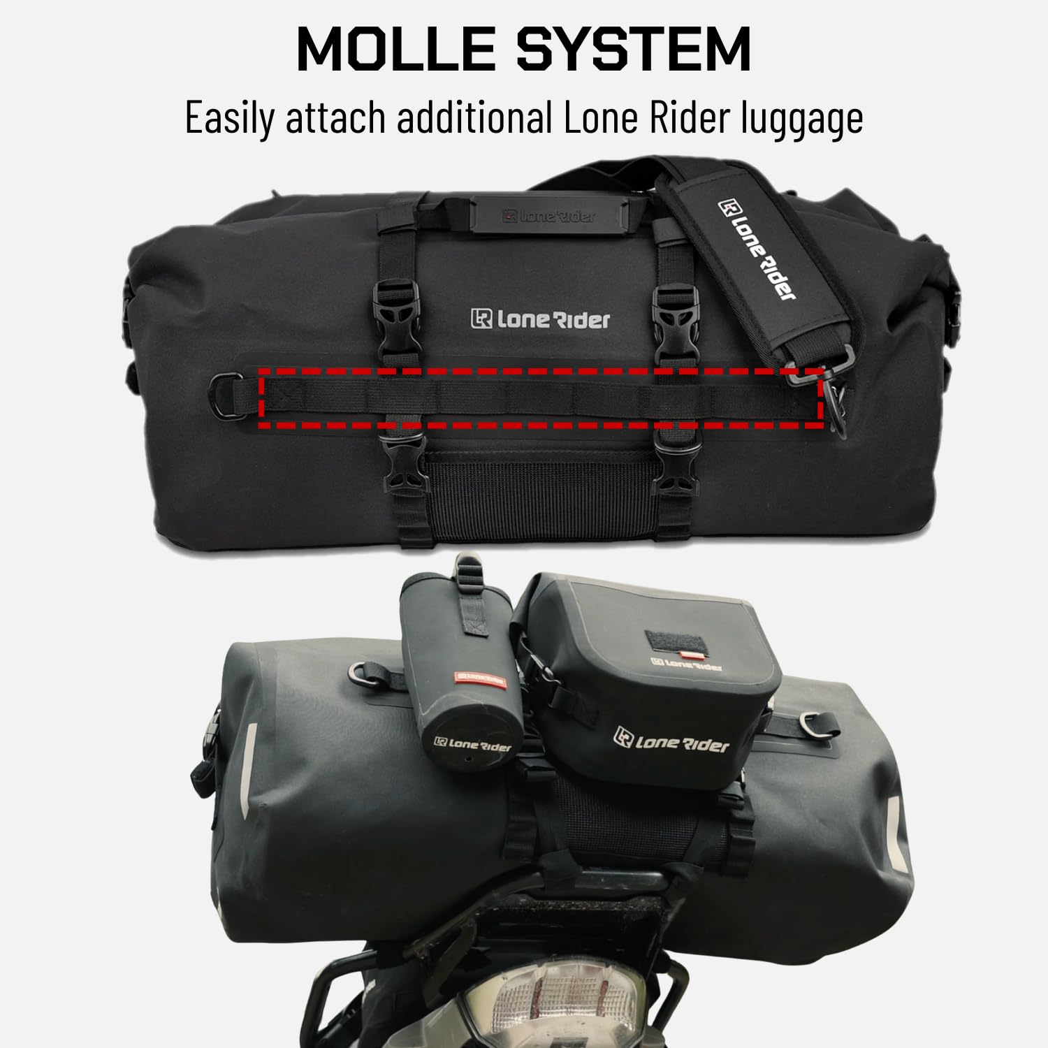 Lone Rider Borsone Impermeabile 50 L per Moto, Antipolvere e Arrotolabile, per Campeggio e Kayak, TPU 600D con Cuciture Saldate, Valvola dell'Aria, Pannelli MOLLE e Cinghie a Sgancio Rapido