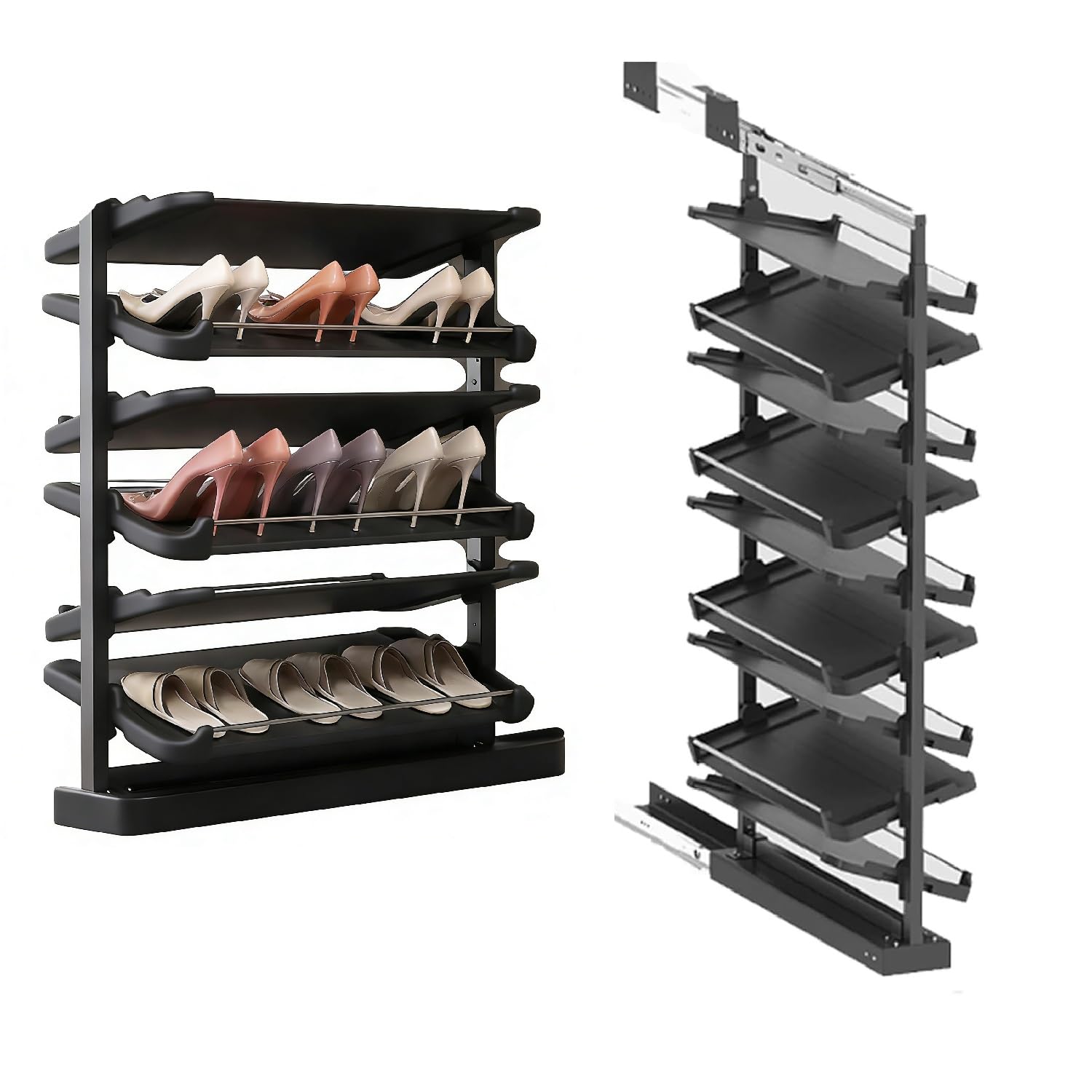 Pull-Out Shoe Rack Organizer, Adjustable Height Retractable Metal Stackable Shoe Rack, Retractable Design, Vertical Storage, Maximize Space Utilization Perfect for Bedroom and Entryway