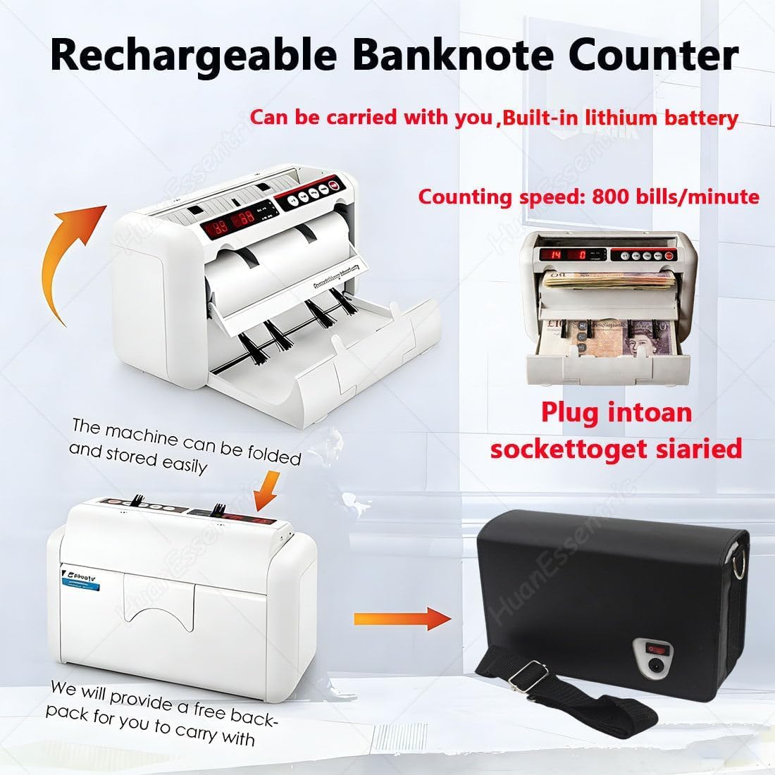 Contabanconote Portatile, contasoldi Ricaricabile con rilevamento, velocità di conteggio 800 Pezzi/Minuto