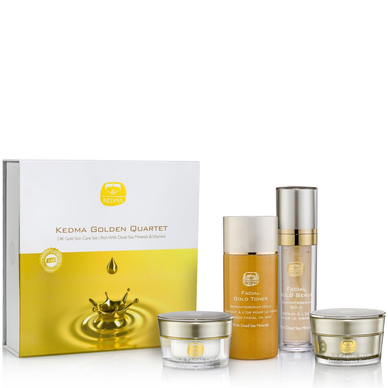 Kedma - Kit Cura Viso con Oro 24K - Tonico, Siero, Crema e Maschera - Anti-Età e Luminosità - 4 Prodotti