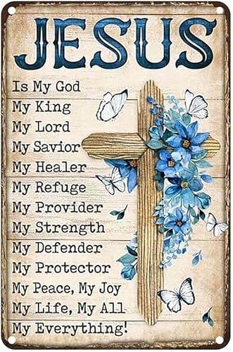 Cosrkee Vintage Metal Sign God Is My King Cross Flower 12x16
