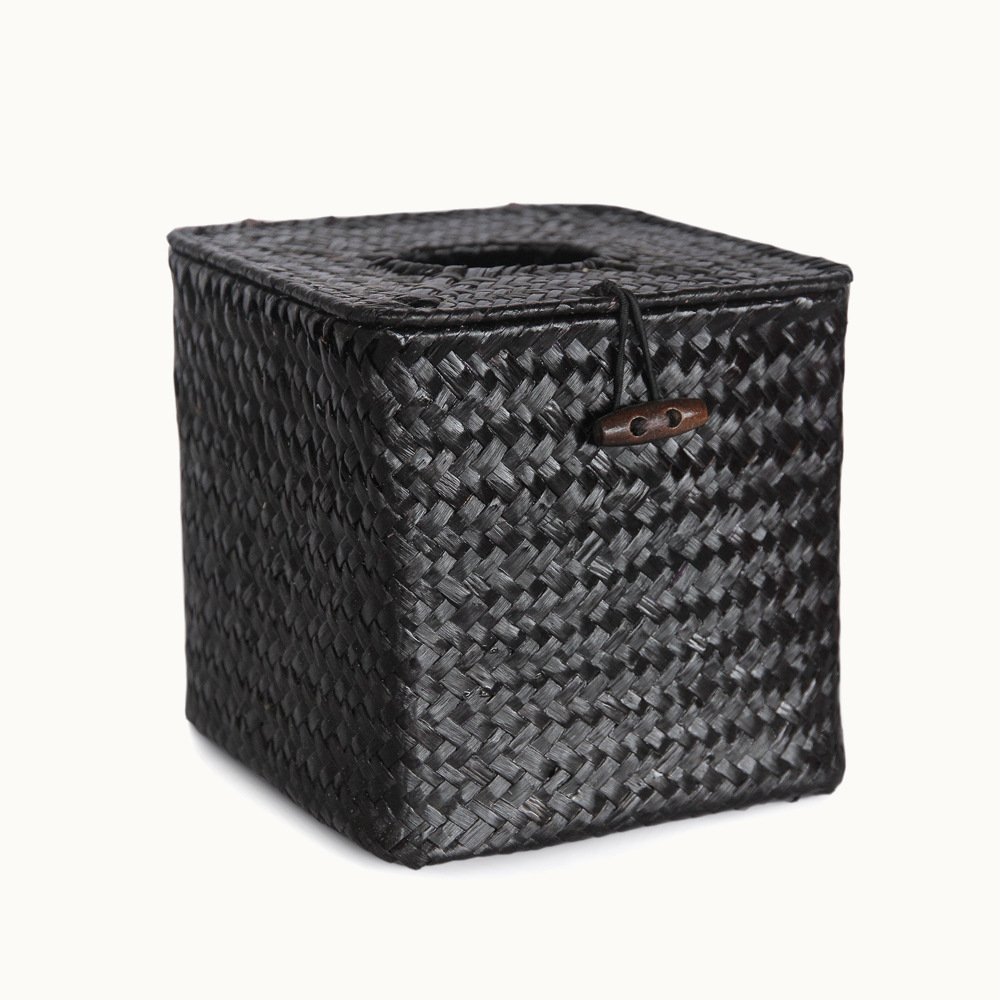 Woven Tissue Box Cover, Straw Storage and Car Using (Black, Square)