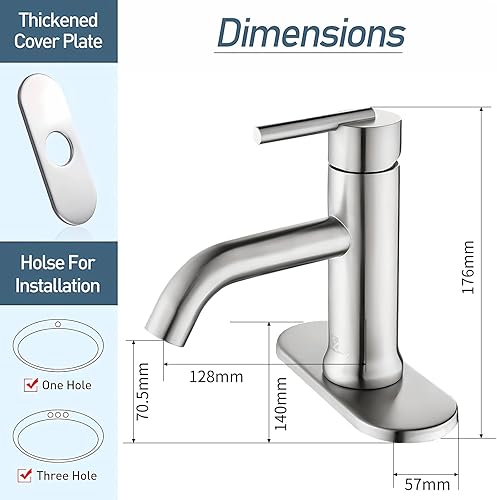 Miniatura 7 de HOMELODY Bathroom Faucets Brushed Nickel, Single Handle Faucet, Modern One-Hole RV Faucet, Deck Plate for 1 or 3 Holes Installation Stainless Steel