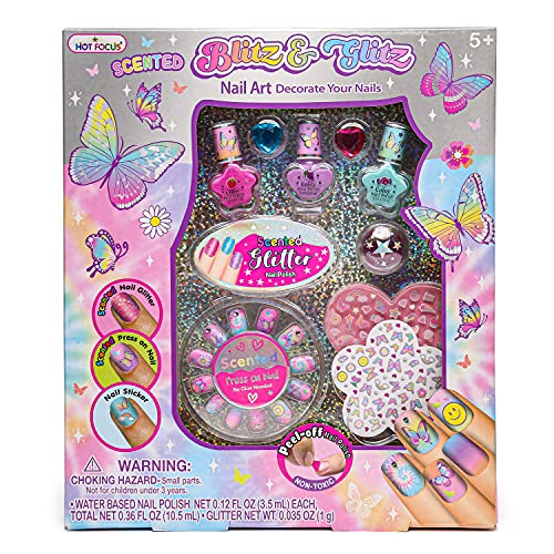 Hot Focus Blitz&Glitz Kids Nail Polish Set for Girls â€” Water Based Nail Polish with Press On Nails Glitter Nail Stickers and Adjustable Rings, Scented, Quick-Dry, Peel Off, Fun and Creative Nail Polish for Kids