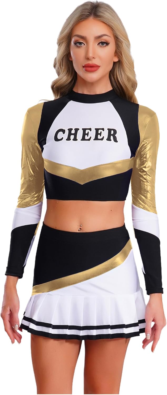 FEESHOW Metallic Shiny Cheer Uniform for Women Long Sleeve Crop Top + Pleated Miniskirt