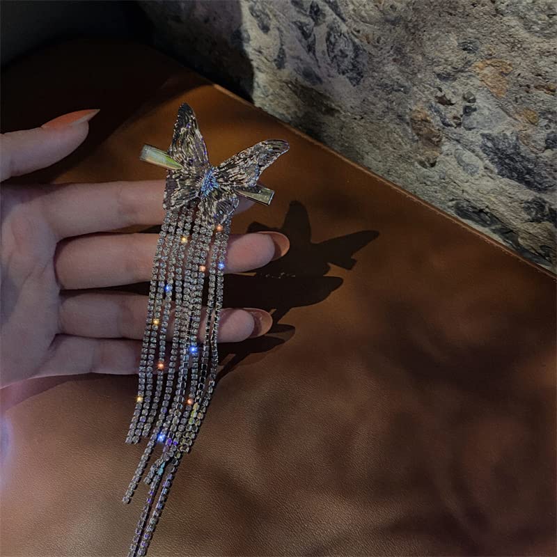 Miniatura 6 de Pinzas para el cabello de mariposa plateadas con diamantes de imitación, diseño de moda, accesorios para el cabello, cadena larga de borla