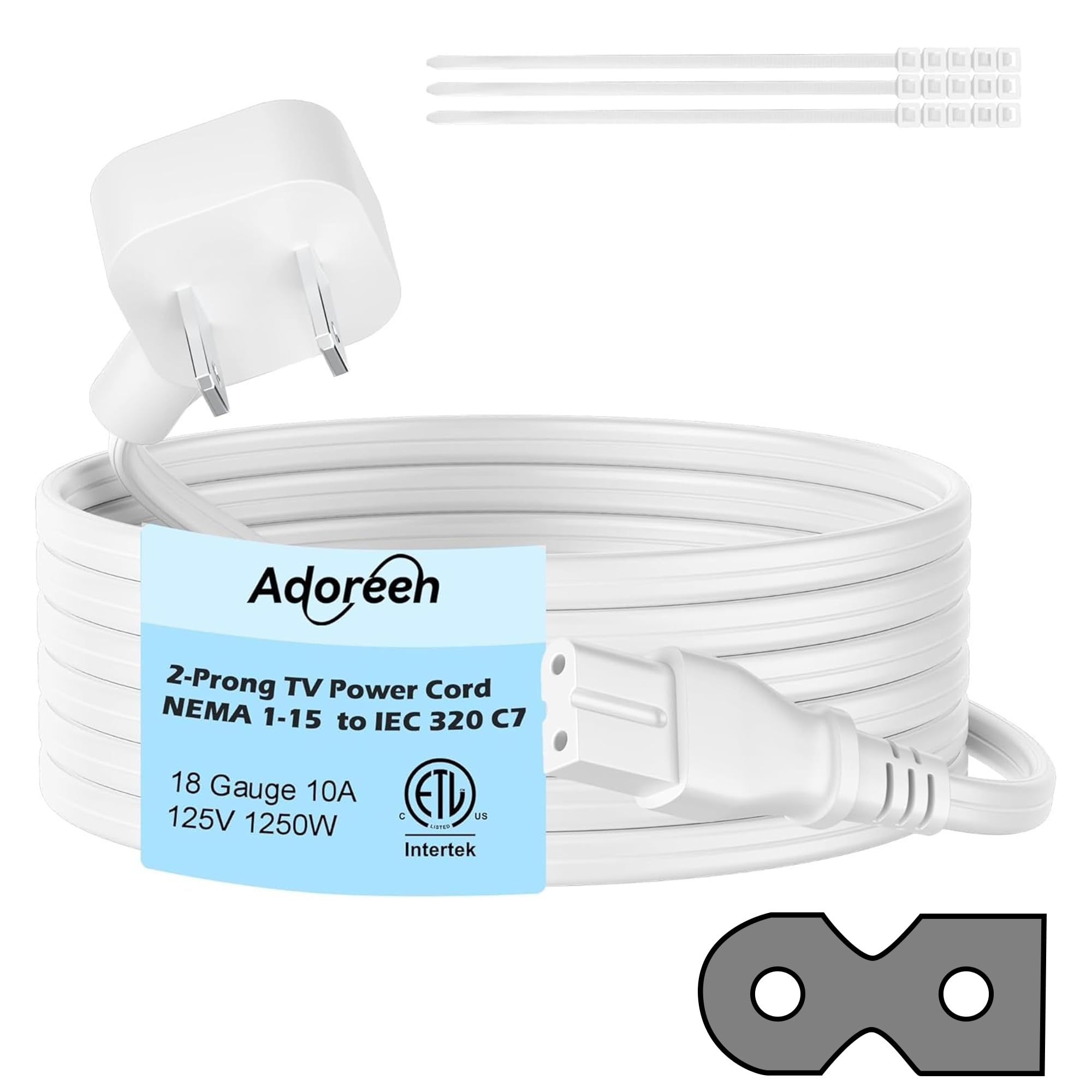 Adoreen 45 Degree Flat Plug Replacement Vizio LED TV Power Cord 20 Ft White, NEMA 1-15P to Polarized IEC 320 C7 AC Supply Wall Cable 2 Slot 2-Prong