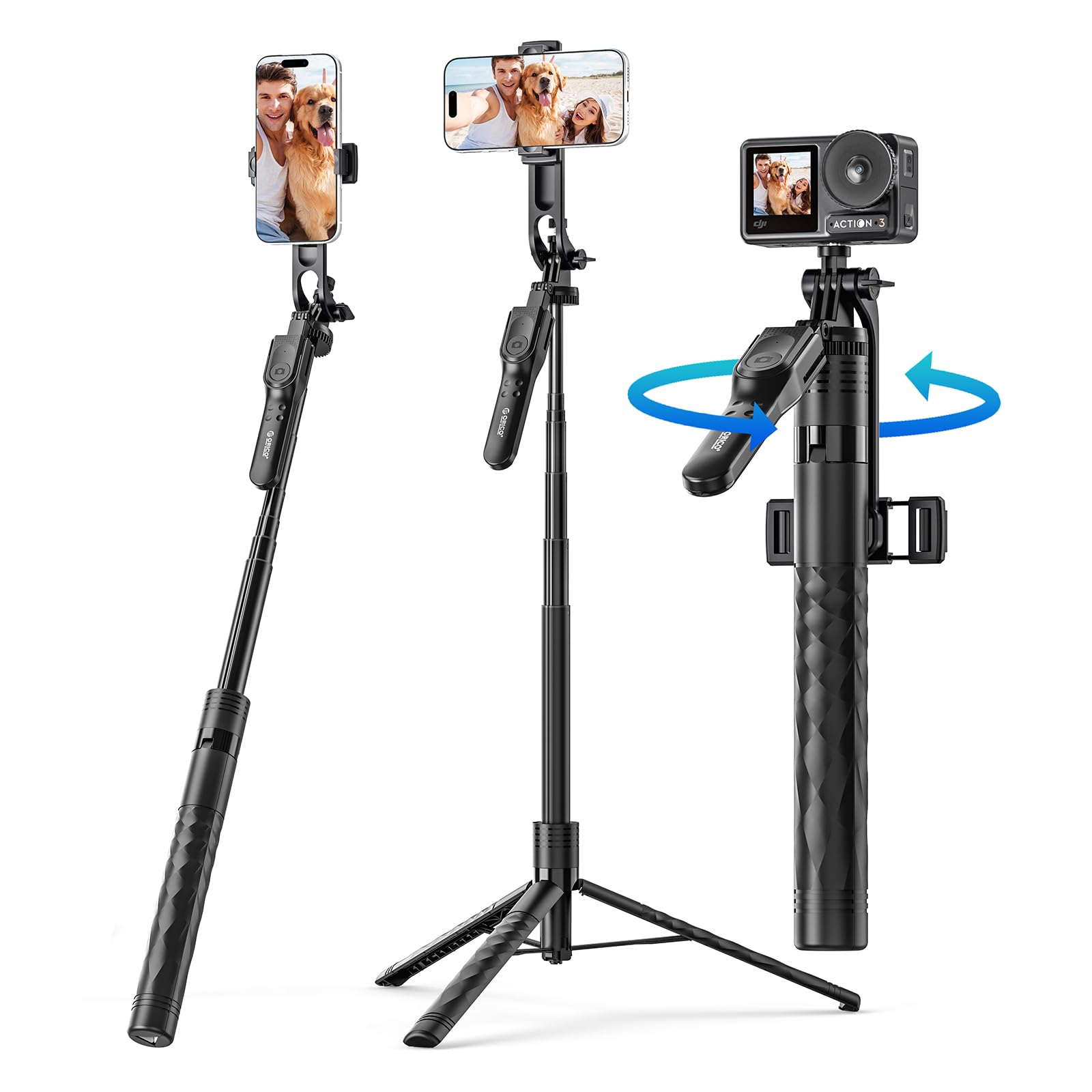 ORICO 175cm Trípode para Movil/iPhone, Palo Selfie con Mando Extraíble, Soporte para Móvil Giratorio e Inclinable 360°, Varilla Telescópica de Aluminio para Selfies Grupales y Vlogging