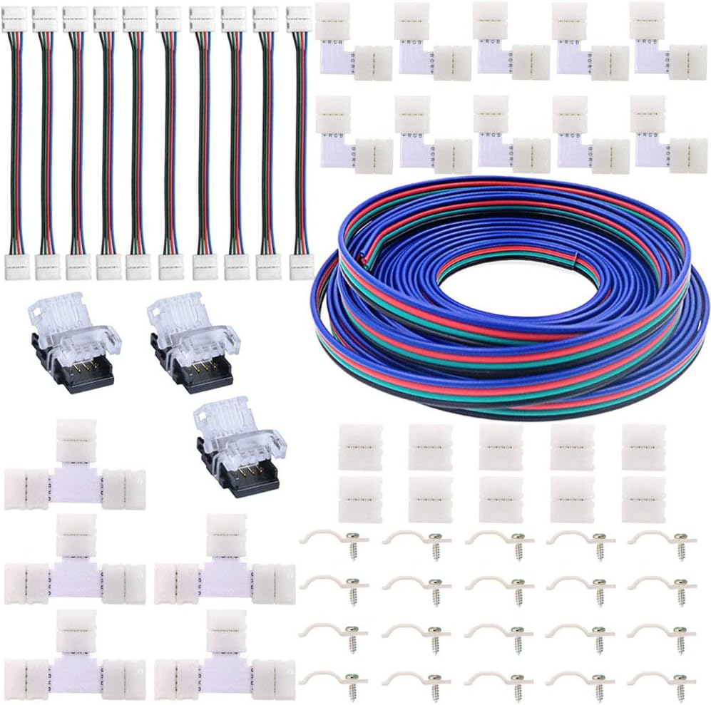 LED Light Strip Connectors Kit Includes 32.8Ft 4 Pin Extension Cable,Corner Connector,T Shape Connector,Strip to Strip Jumper,Strip to Wire Quick Connector,Mounting Clips for 5050 RGB LED Strip Light
