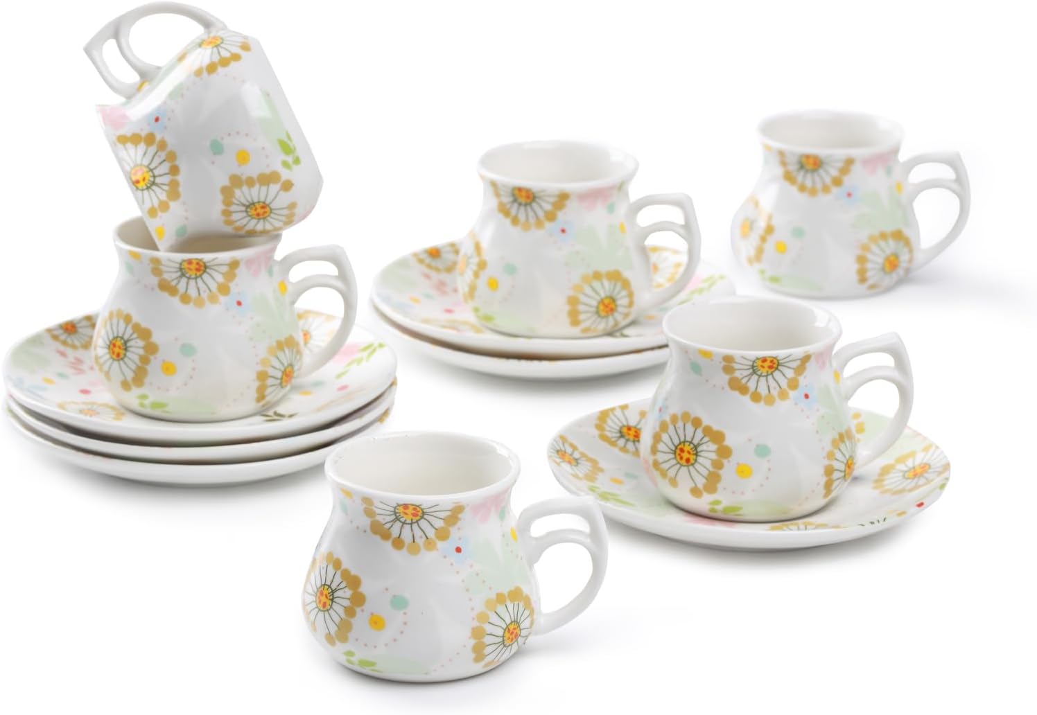 GuangYang 12 pieces Expresso Cups and Saucers for 6 People,2 oz Turkish Coffee Cup set of 6,Lucky Floral Pattern,Good Gift Set