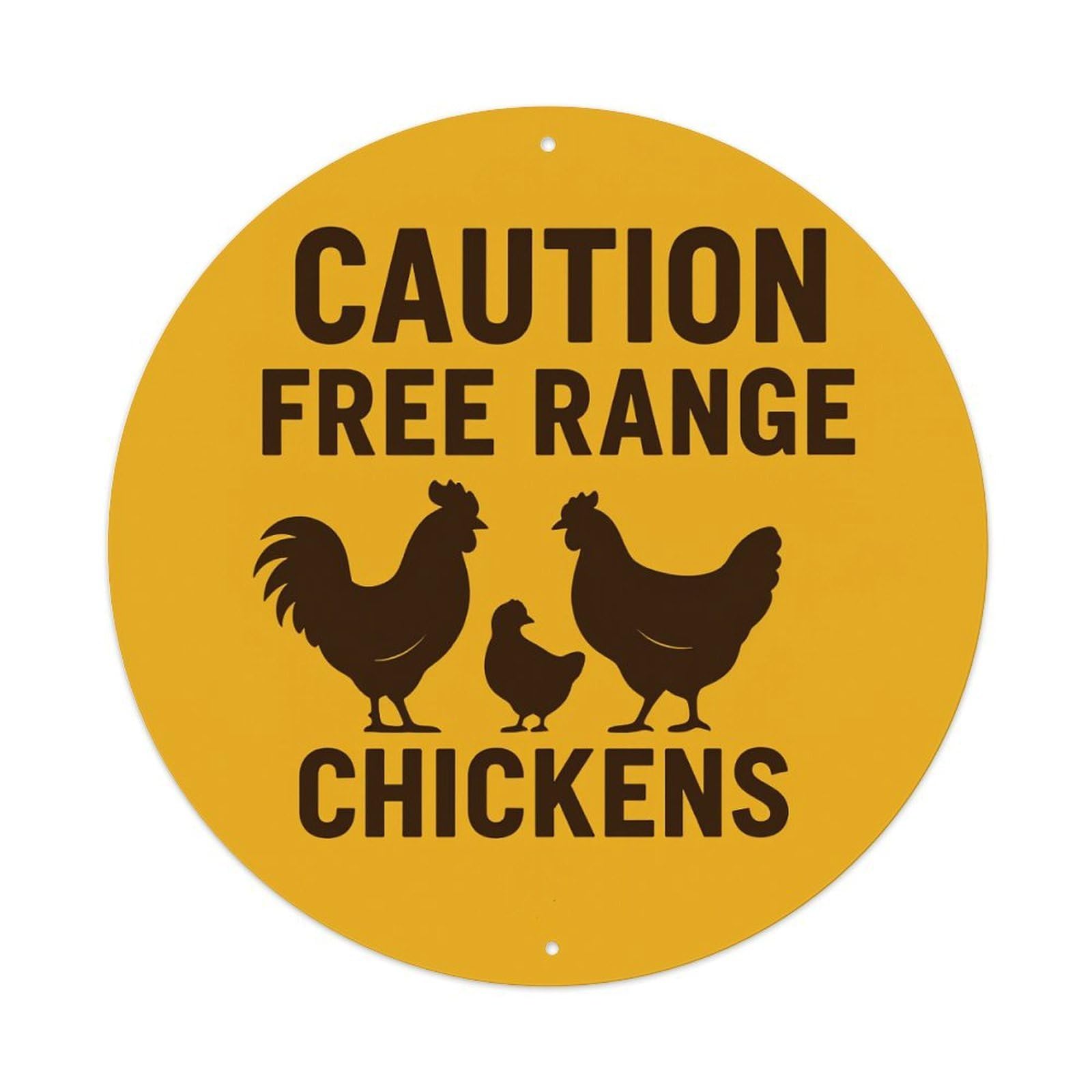 Caution Free Range Chickens Round Tin Sign Vintage Metal Poster Retro Bar, Home, Man Cave, Kitchen, Laundry Room Wall Art Decor Gift 8x8Inch