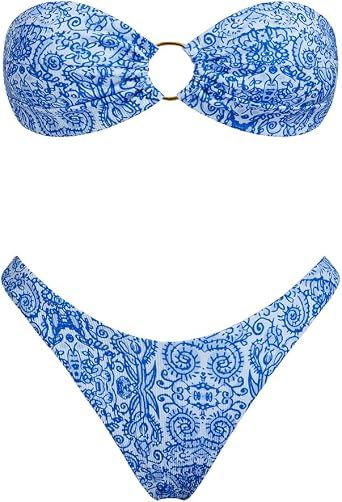 Triangle Bikini Set for Women O Ring Strapless Tie Back Swimsuit Bandeau Textured Two Piece Bathing Suit