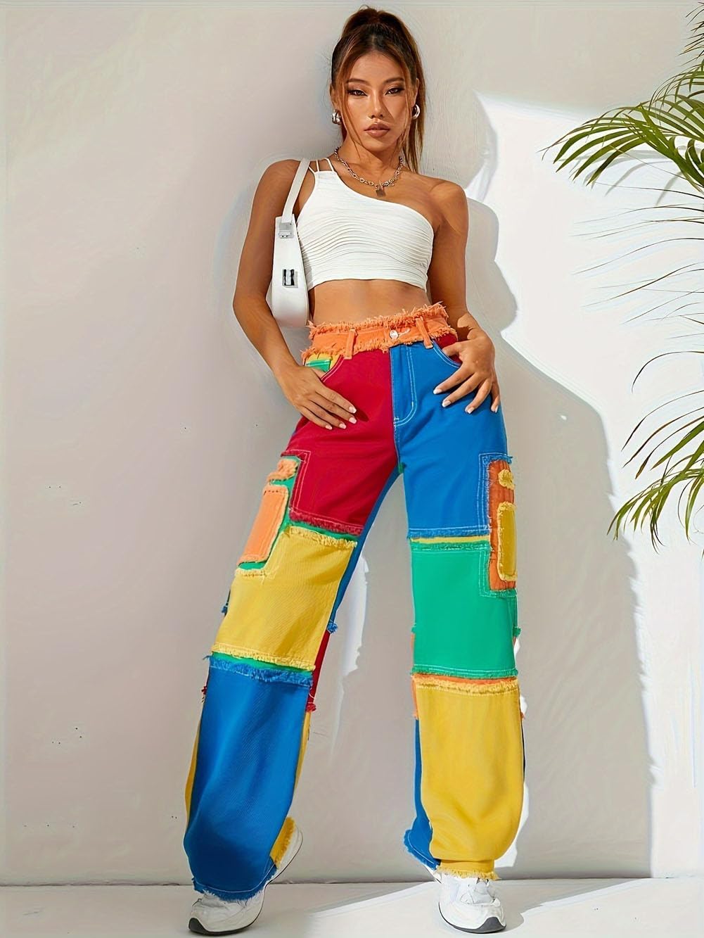 LAFOURAM Patchwork Jeans for Women High Waisted Trendy Streetwear Colorful Denim Color Block Jeans