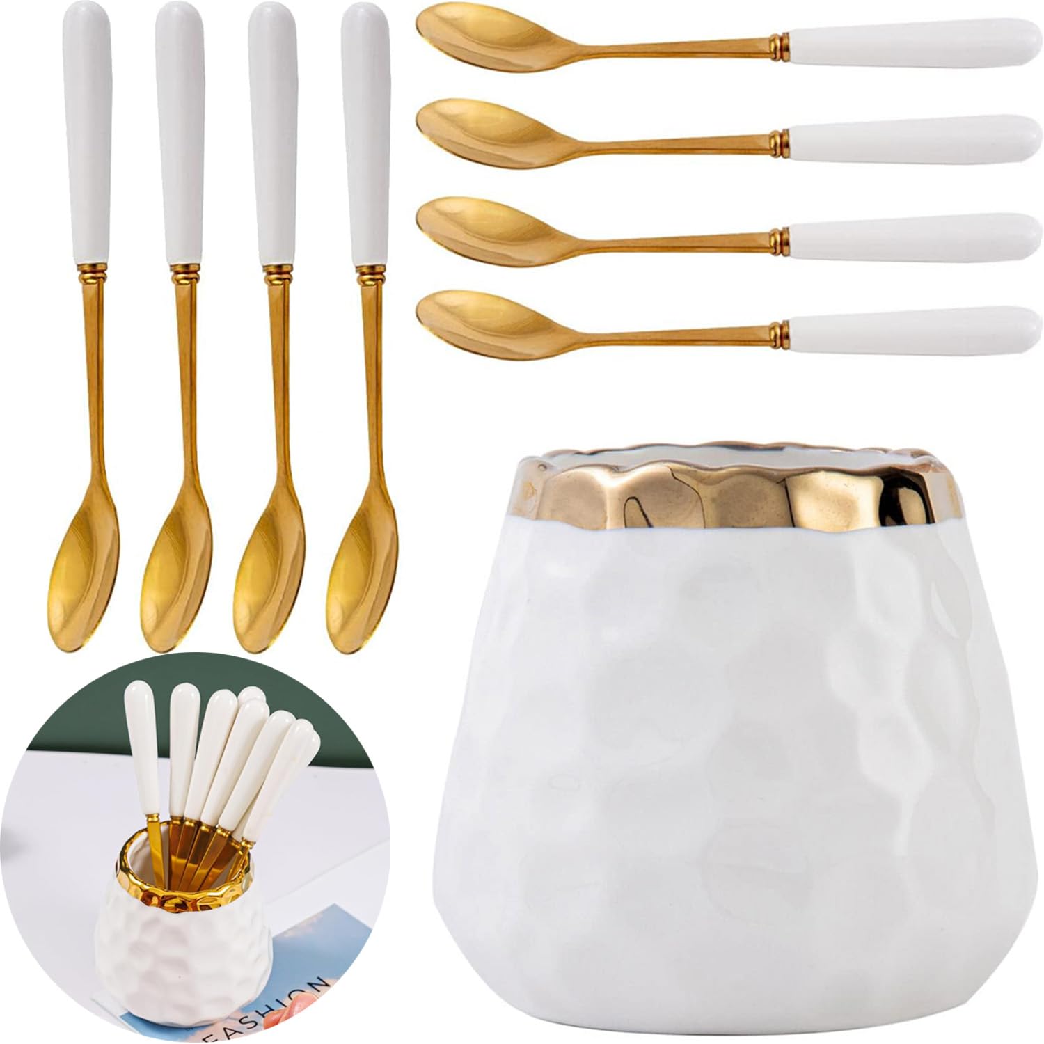 Juego de 9 cucharas de café, tarro de cerámica con 8 cucharas pequeñas, cuchara de café, té, pastel, cuchara de helado, cucharas de mango de cerámica