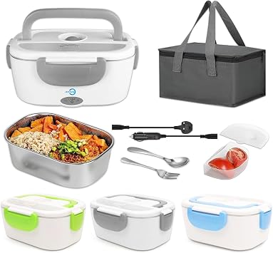 Anas Electric Lunch Box 2-in-1 - Portable Food Heater Perfect for Car & Home, Leakproof Design with Removable 1.5L Stainless Steel Container, Spoon, Fork 110V/12V Grey