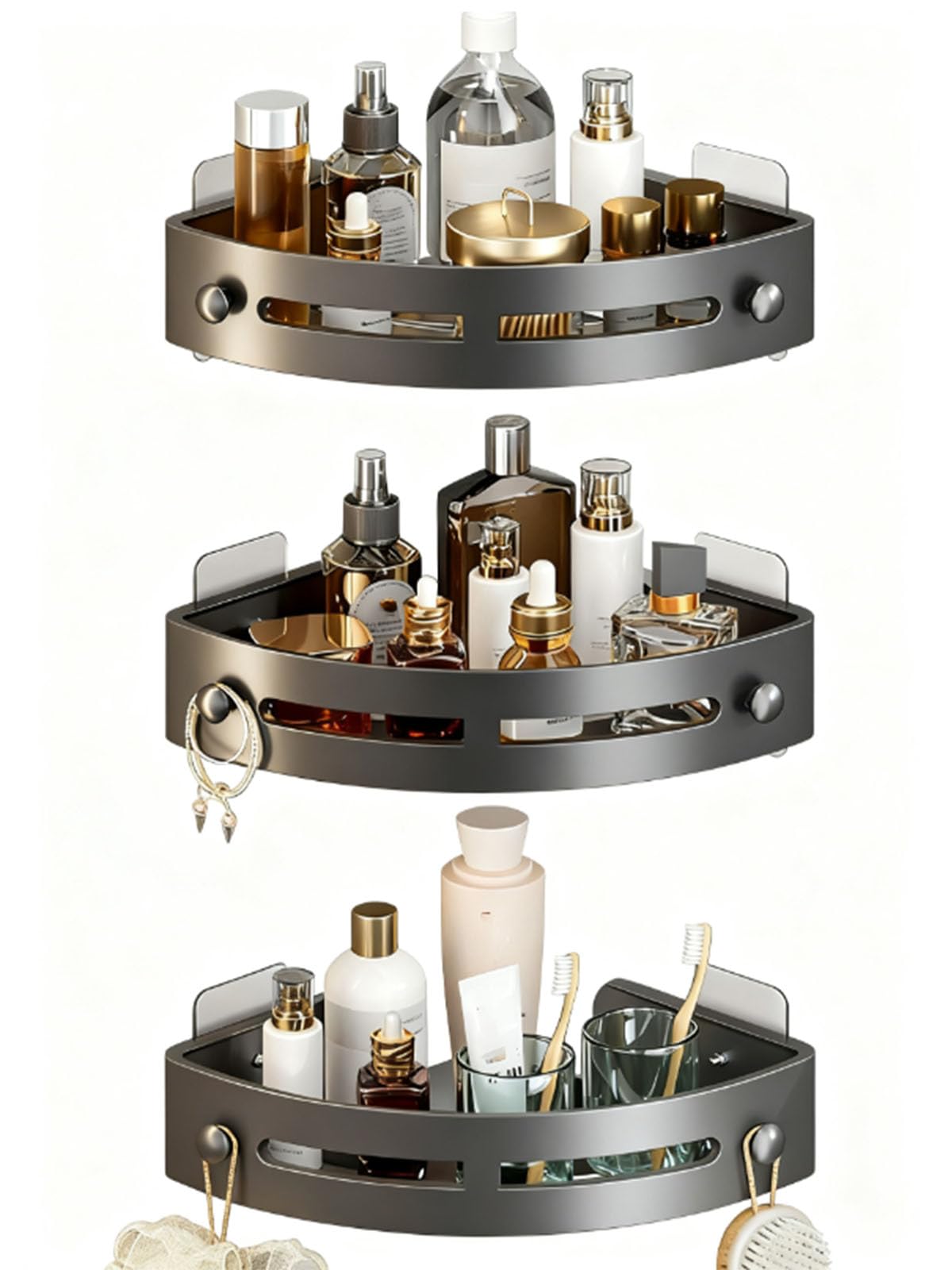 3-Pack Gun Gray Abs Triangular Suction Cup Shower Caddy 3-Tier Corner Shelves No Drilling Bathroom Organizer Towels Hook