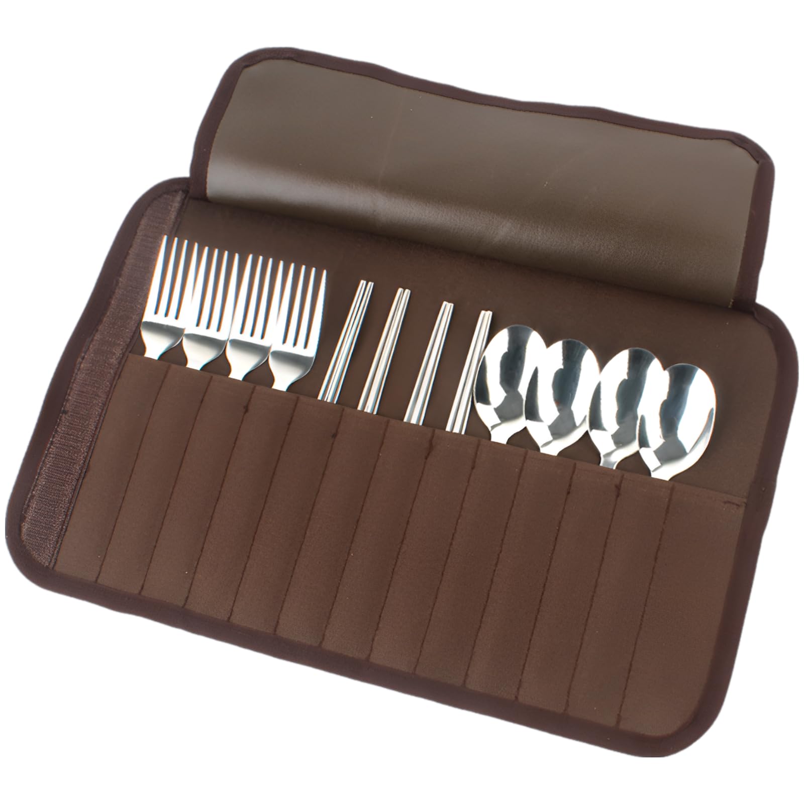 13-teiliges Besteckset für 4 Personen, Camping-Besteck aus Edelstahl 430, mit 4 Löffeln, 4 Gabeln, 4 Essstäbchen, kompakte Rolltasche für Grillen, Picknick und Outdoor-Aktivitäten