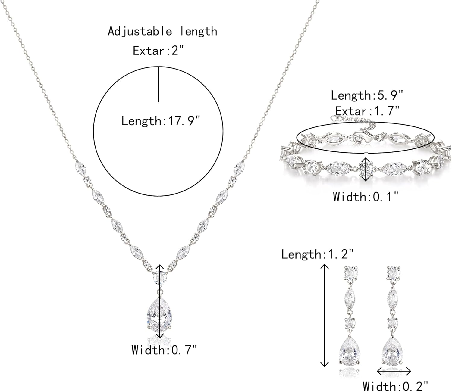 Crysdue Teardrop Bridal Jewelry Set for Wedding Party, Silver/14K/Rose Gold Plated Prom Costume Jewellery for Bride Bridesmaids Women, Cubic Zirconia Necklace Dangle Earrings Bracelet - Image 4