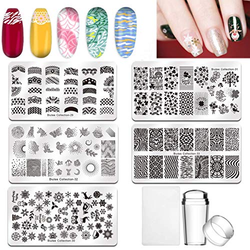 Biutee Nail Stamping Plates Kit Nail Art Stamp Plates for Nails 5 Pcs Nail Templates with Clear Stamper Scraper Letters Flowers and Geometric New Style Patterns