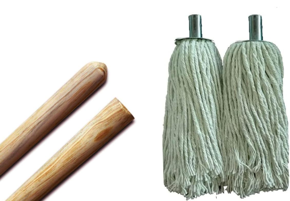Best House 2 Pcs Pine Wood Mop Stick Handle + 2 Pcs Cotton 18 Ply Metal Socket Mop Head - 1.2m x 22mm, 380g for Floor Cleaning/Sweeping in Home/Office