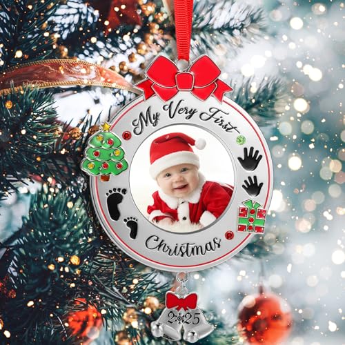 Image of Baby's First Christmas Photo Ornament 2025 My Very First Christmas Photo Xmas Baby Keepsake Ornament Picture Frame Gift for Newborn Boys Girls Xmas Tree Decoration(1 Piece)