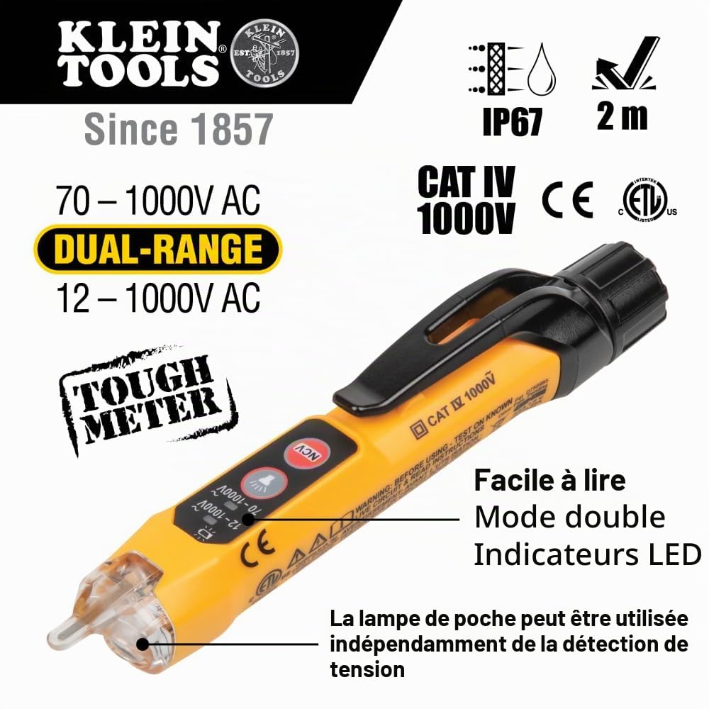 Klein Tools NCVT3P | Dual Range Testeur De Tension Sans Contact Avec Lampe | 12 A 1000 V AC | Detection Sans Contact | Compact Et Robuste