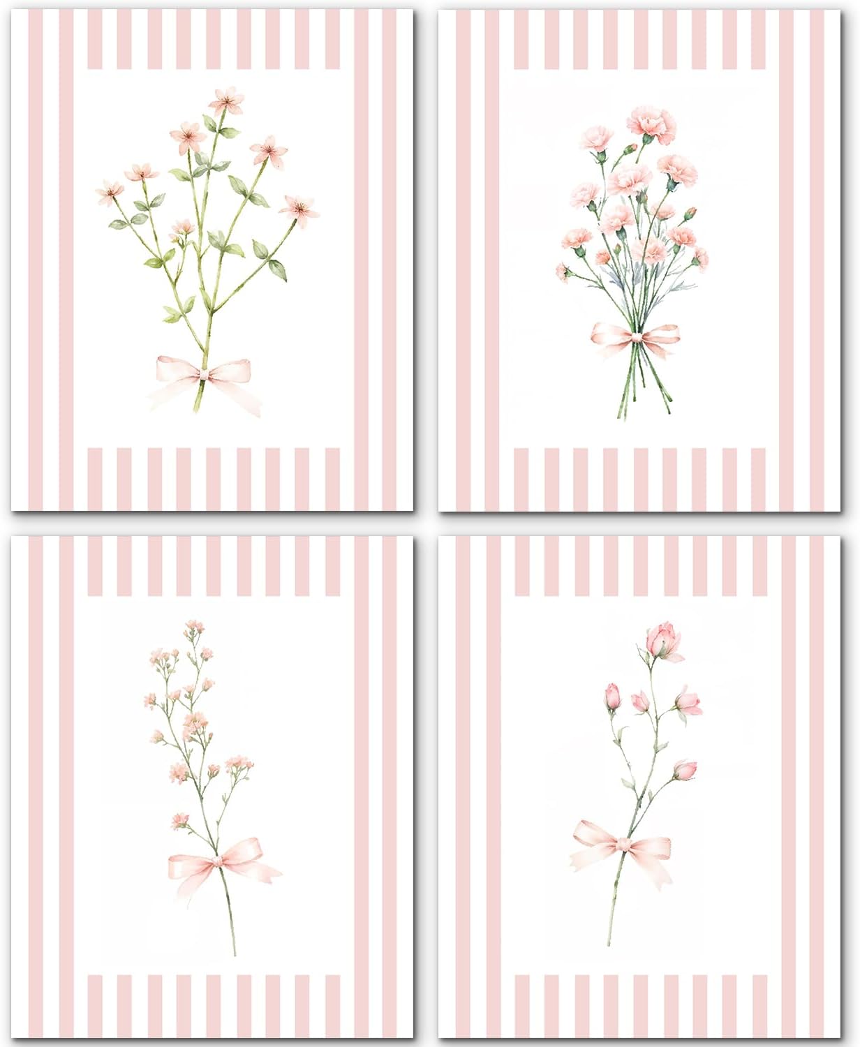 JINYO Coquette Pink Bow Floral Wall Art Prints Set of 4, Preppy Pink White Striped Flower Posters, 8x10 Unframed for Girls Bedroom Dorm Decor