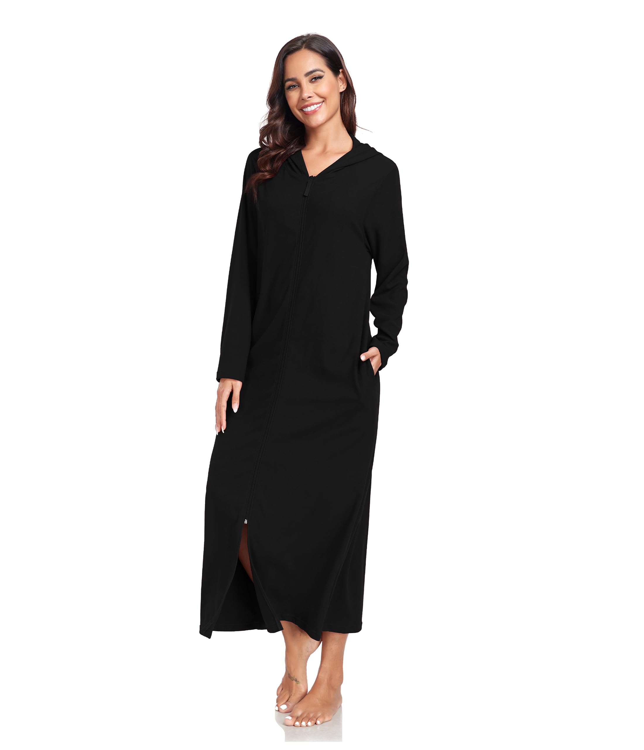 COLORFULLEAF Damen Reißverschluss Bademantel Langarm Kapuze Fleece Bademantel Weich Warm Hausmantel Loungewear mit Taschen