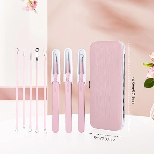 Miniatura 7 de 8 herramientas para eliminar puntos negros, aguja de espinillas, acero inoxidable, kit de herramientas rosa con estuche de almacenamiento, extractor