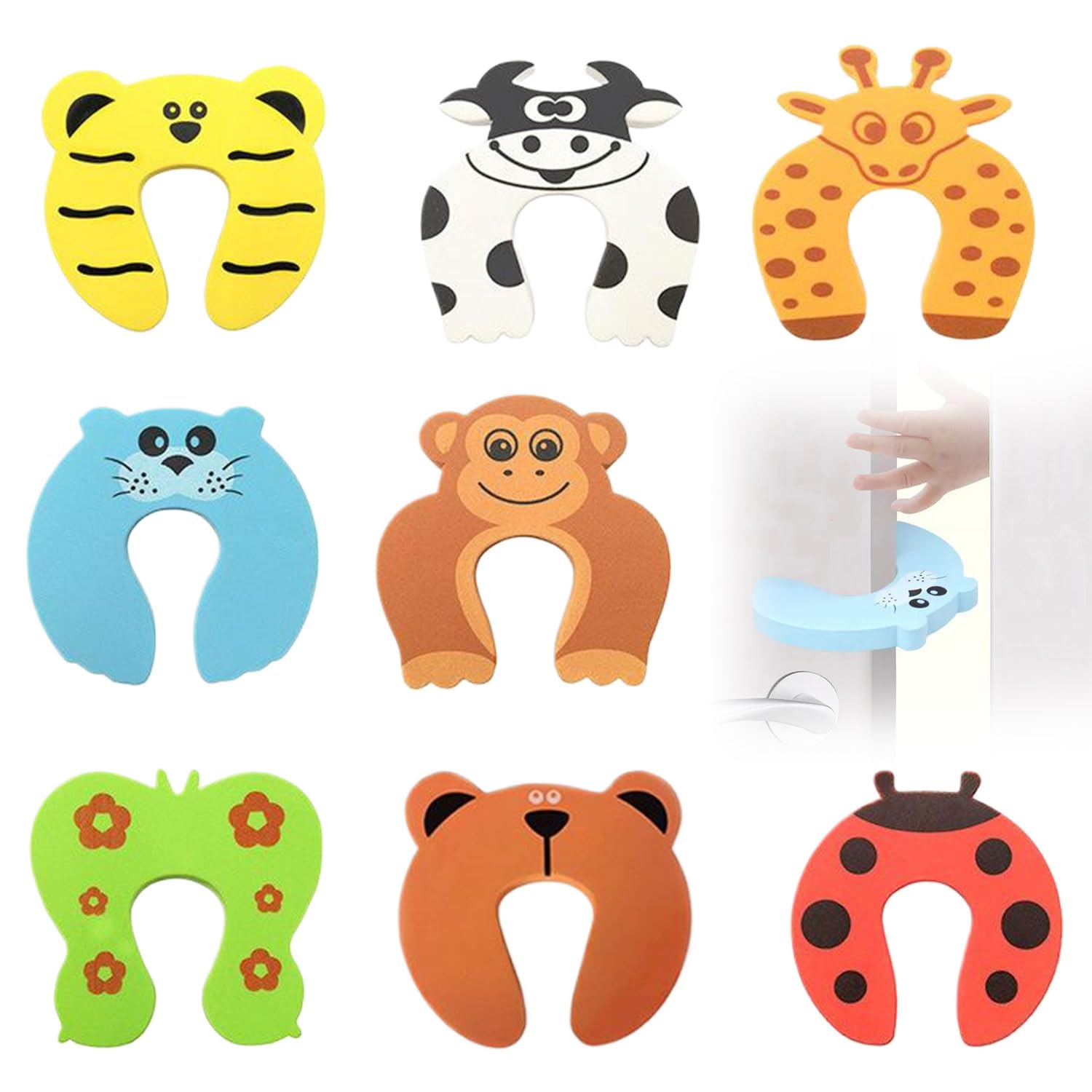 Oyiclyea Child Safety Anti Door Slam 8 Pcs Cartoon Animal Baby Proof Foam Safety Door Guards,C Shaped Design,Soft Foam Pad,Suitable for Most Doors,Reusable,Prevents Baby's Fingers from Being Pinched