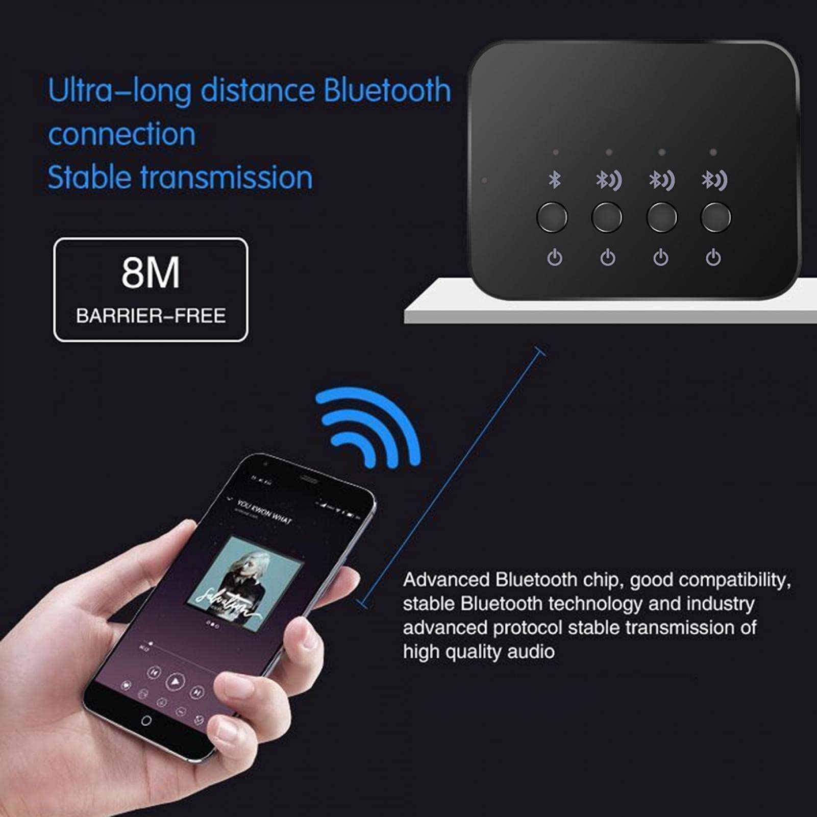 Ejoyous BW-107 Adapter audio Bluetooth, rozdzielacz 1 do 3, bezprzewodowy odbiornik stereo z przyłączem kablowym 3,5 mm, do głośników domowych, telewizorów i telefonów