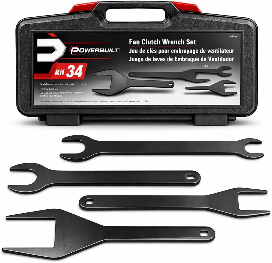 Powerbuilt Fan Clutch Wrench Kit, 4 Piece, Remove Fan Clutches, Ford, Chrysler, Jeep, Some Import Vehicles, Storage Case - 648746, Black