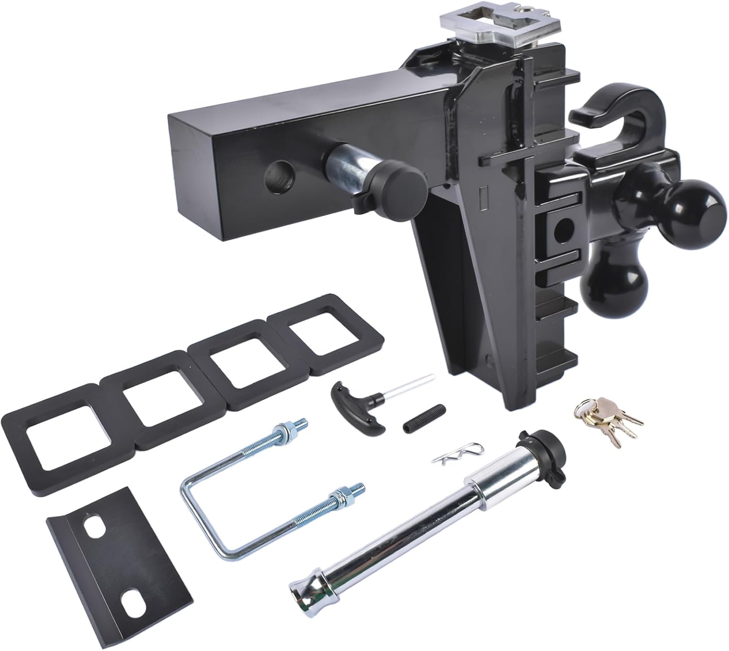 Adjustable Trailer Hitch with Hook, Tri-Ball (1-7/8" x 2" x 2-5/16") Drop Hitch, Fits 2.5'' Receiver, 6'' Drop Hitch, 18500 LBS GTW, Black GELUOXI