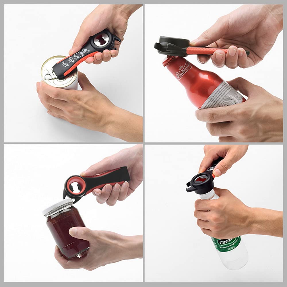 Abridor de Botellas multifunción 5 en 1 Acero Inoxidable for Abrir latas plástico y Cerveza, Ideal como Herramienta Cocina for camareros(Red)